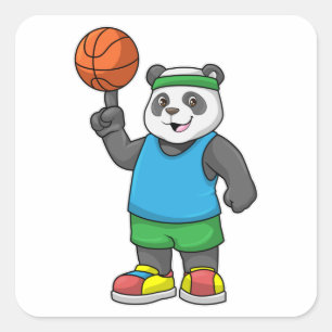 Panda på sport med basketboll fyrkantigt klistermärke