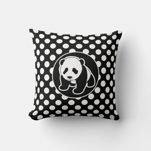 Panda på Svarta och vita Polka dots Kudde (Framsida)