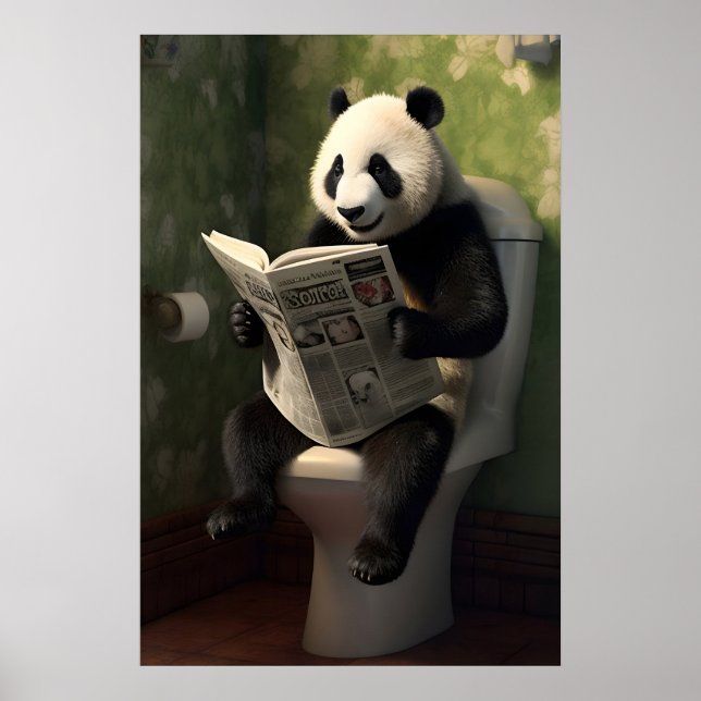 Panda på toalett tryck, rolig badrumsväggkonst poster (Framsidan)