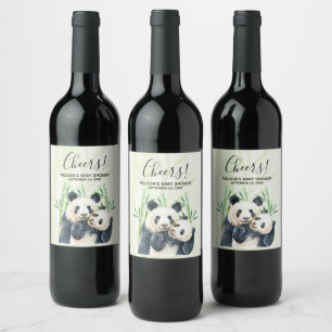 Panda Panda Bears Mamma & Baby i Bamboo Shower Vinflaska Etikett
