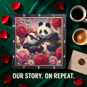 Panda-par Rose Trädgård Fyrkantig Klocka
