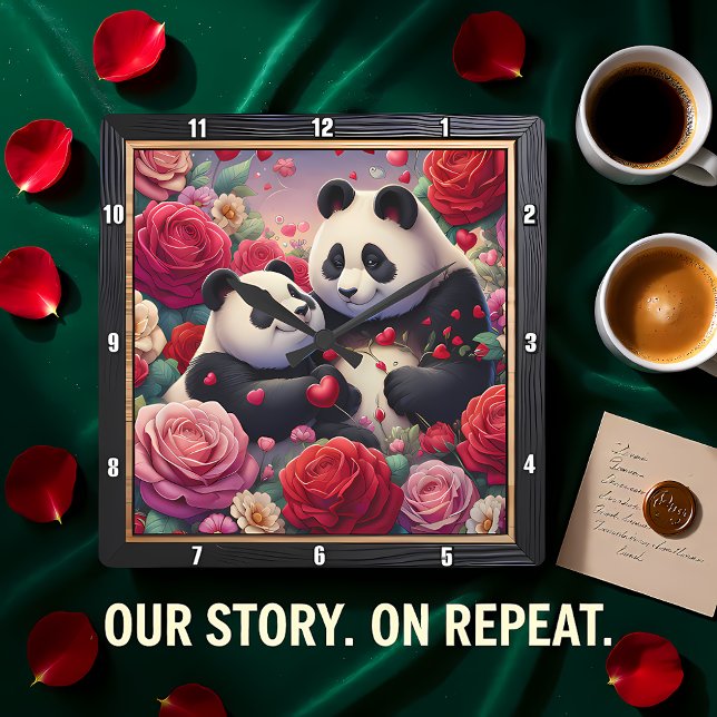 Panda-par Rose Trädgård Fyrkantig Klocka (Skapare uppladdad)