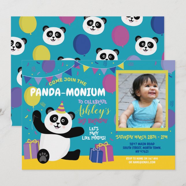 Panda Party Birthday Panda-monium-fotoinbjudan Inbjudningar (Fram/baksida)