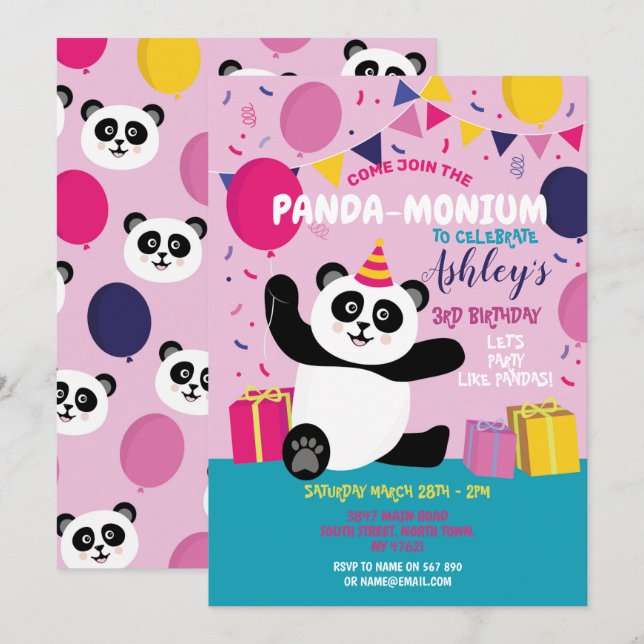 Panda Party Birthday Panda-monium Rosa Investigati Inbjudningar (Fram/baksida)