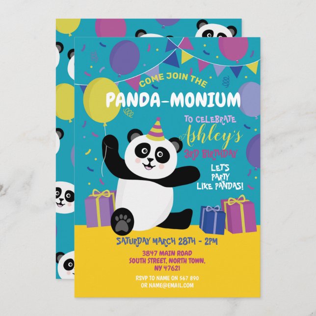 Panda Party Birthday Panda-monium Teal-inbjudan Inbjudningar (Fram/baksida)