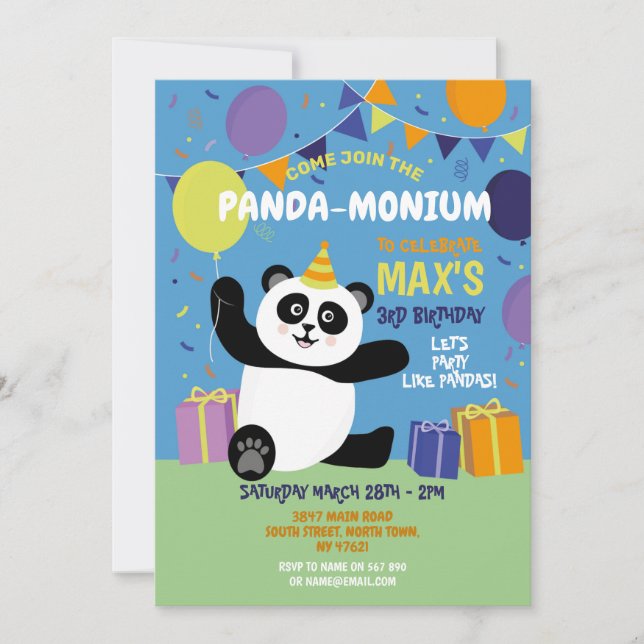 Panda Party Födelsedag Panda-monium Blå Inbjudningar (Framsida)