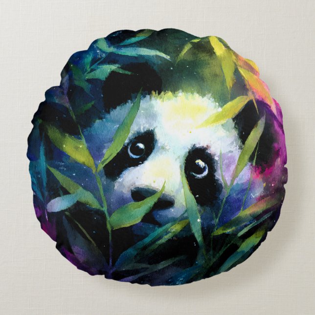 Panda Peeking Bamboo Watercolor Rund Kudde (Framsidan)