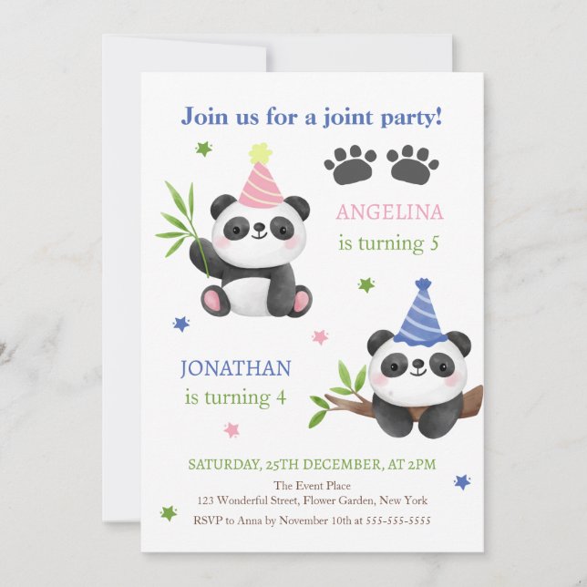 Panda Pojke och Flicka Gemensam Födelsedag  Inbjudningar (Framsida)
