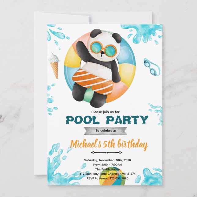 Panda pool party födelsedagsinbjudan inbjudningar (Framsida)
