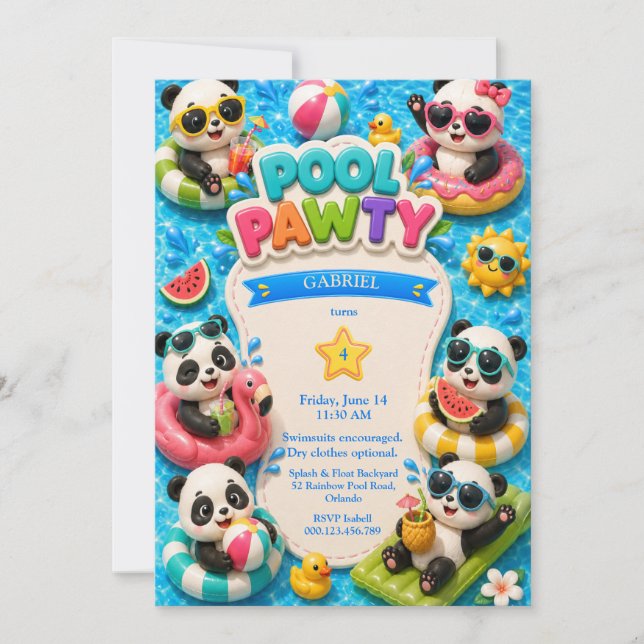 Panda Pool Party Födelsedagsinbjudan Söt Sommar Inbjudningar (Framsida)