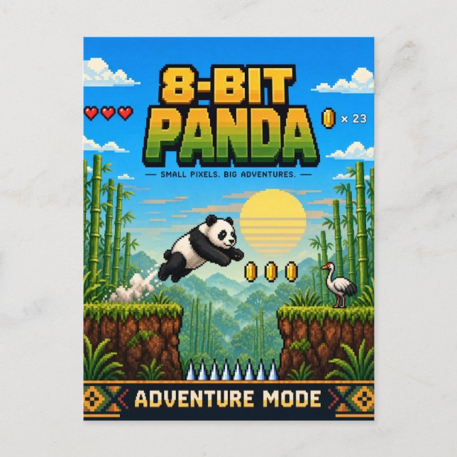 Panda, Retro 8-Bit Pixel Art Vykort (Framsida)