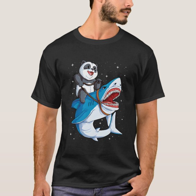 Panda Riding Shark Space Galaxy Jawsome T Shirt (Framsida)