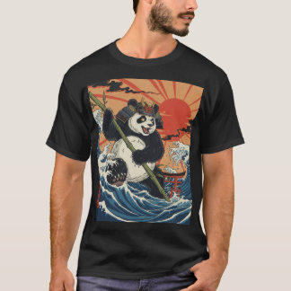 Panda Samurai Rising Amid Ukiyo Waves T Shirt
