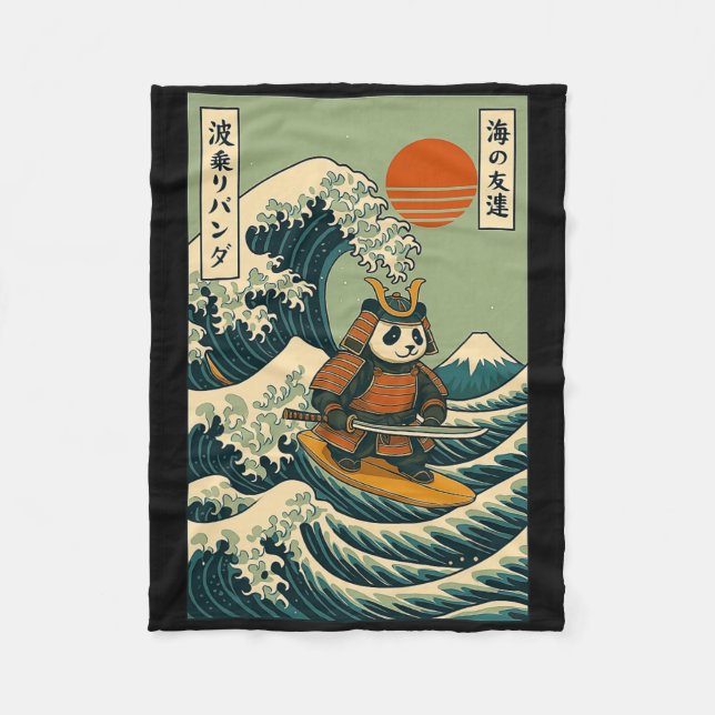Panda Samuraj Surfar Japansk Våg  Fleecefilt (Framsidan)