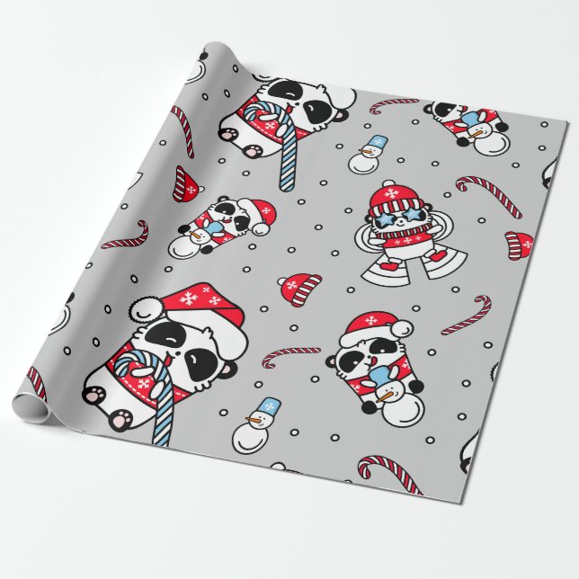 Panda Santa Bears med Snöflingor Wrapping Papper Presentpapper (Utrullad)