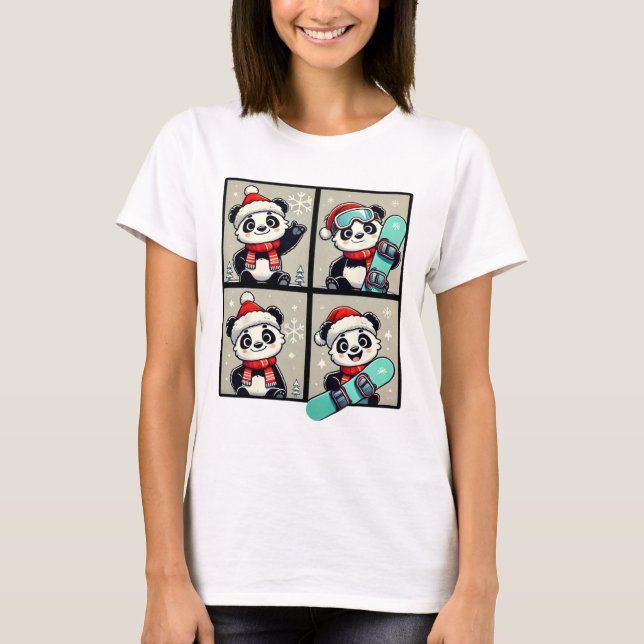 Panda Santa Skiing Snowboard Winter Mountain Resa T Shirt (Framsida)