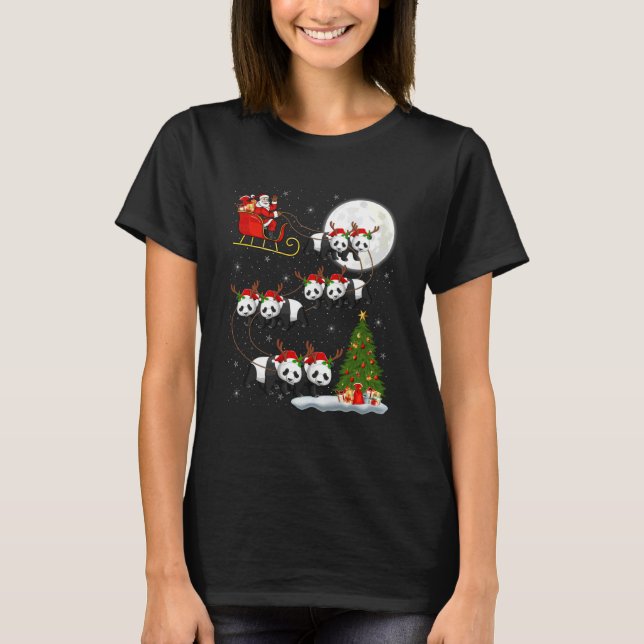 Panda Santa Sleigh Flying Funny Magical Christmas T Shirt (Framsida)