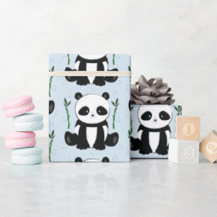 Panda Sitta med Bamboo Mönster Blue Presentpapper