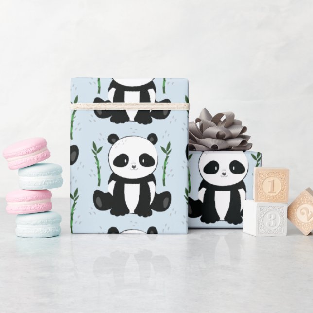 Panda Sitta med Bamboo Mönster Blue Presentpapper (Baby Shower)