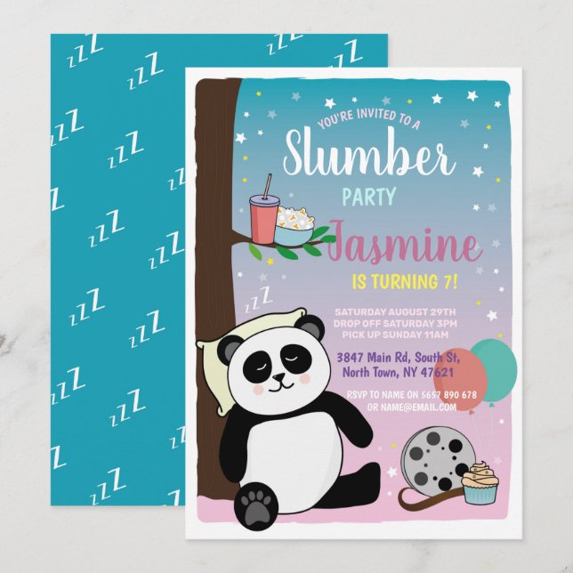 Panda Slumber Party Birthday Cute Movies Popcorn Inbjudningar (Fram/baksida)