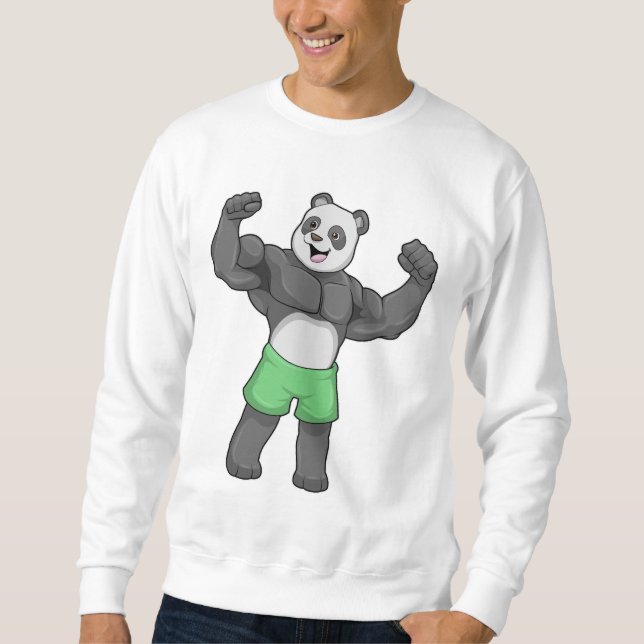 Panda som Bodybyggare i Bodybuilding Lång Ärmad Tröja (Framsida)