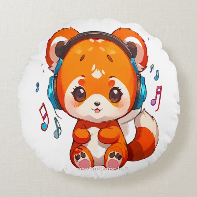 Panda som lyssnar på Kpop-musik Rund Kudde (Framsidan)