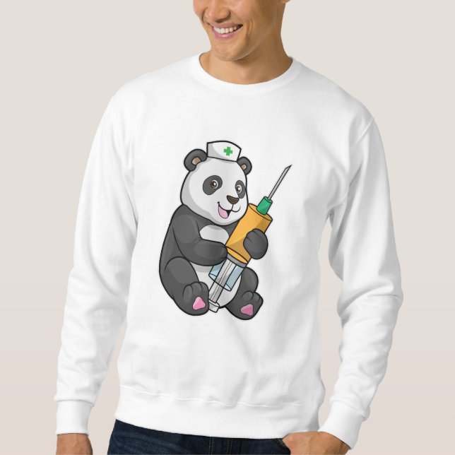 Panda som sjuksköterska med spruta lång ärmad tröja (Framsida)