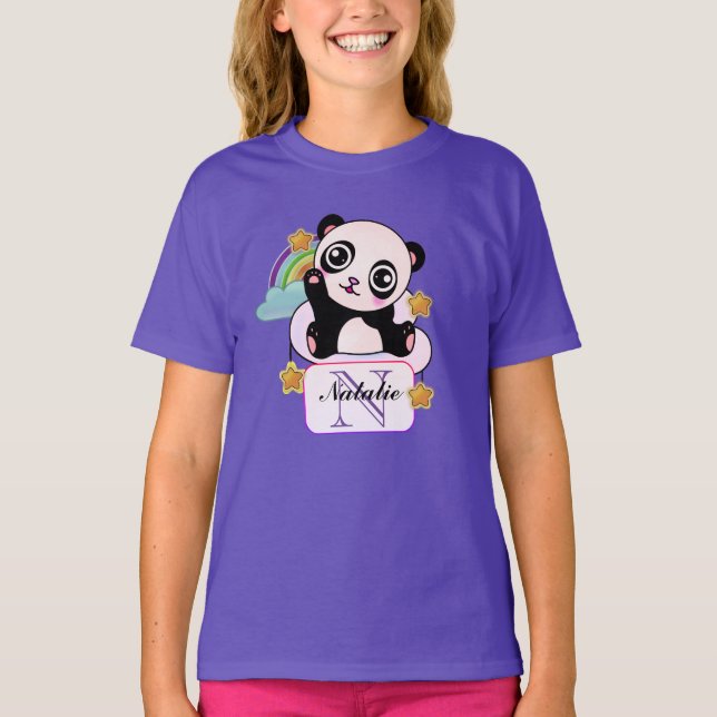 Panda som viftar Golden Stars på regnbågsklonor T Shirt (Framsida)