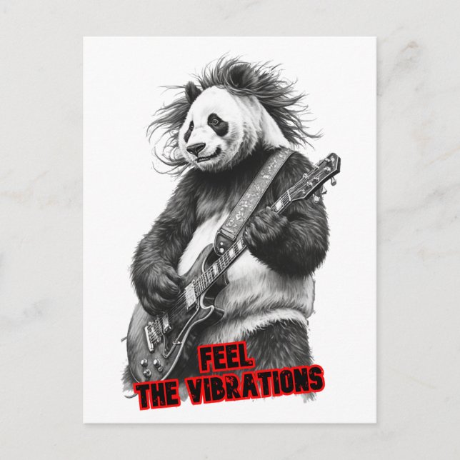 Panda spelar gitarr, säger: Känn vibrationerna på  Helg Vykort (Framsida)