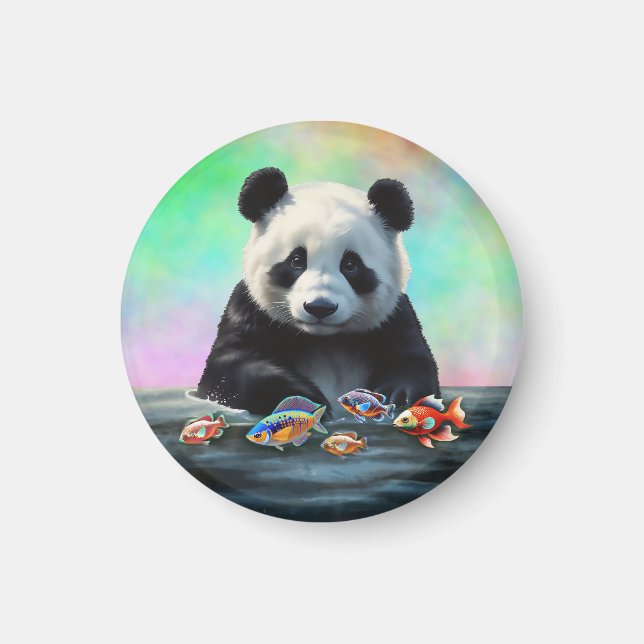 Panda stirrar på färgglada simmande fiskar magnet (Framsidan)