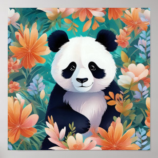 Panda Surroavrundat av blommor Poster