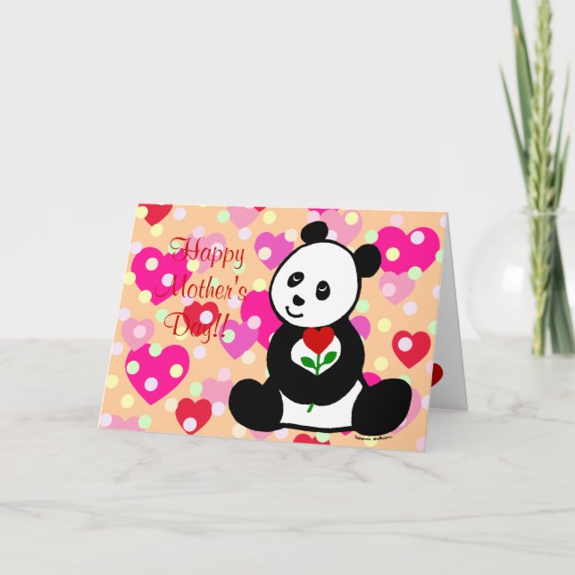 Panda Tecknad och A Hjärtblomma Mamma Kort (Framsida)
