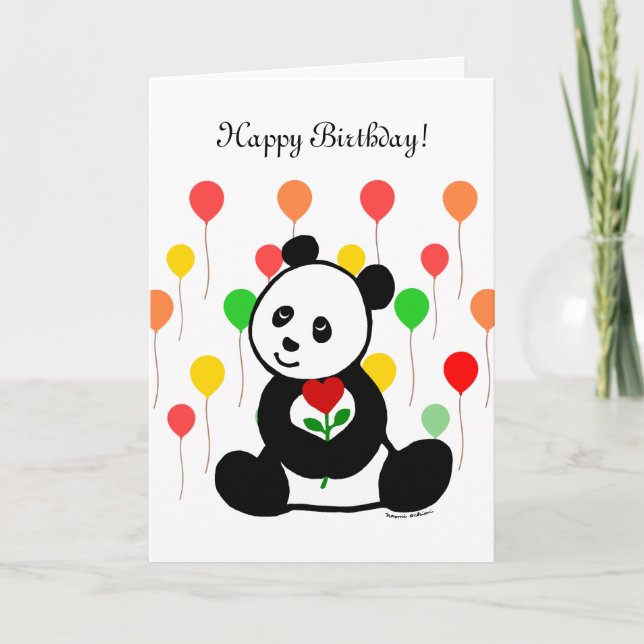 Panda-Tecknad och hjärtblomma Kort (Framsida)
