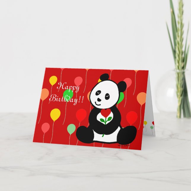 Panda-Tecknad och hjärtblomma Kort (Framsida)