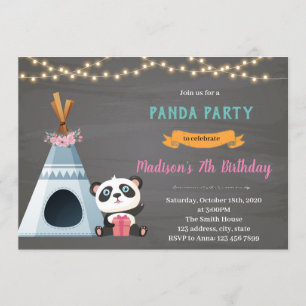 Panda teepee födelsedagstema Inbjudan