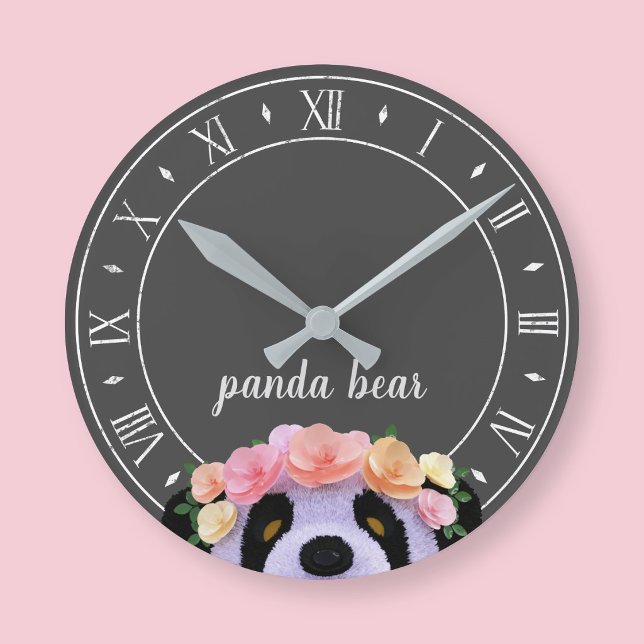 Panda-tema Rustik Svart och Vit Rund Klocka (A cute panda bear clock with space for your name)