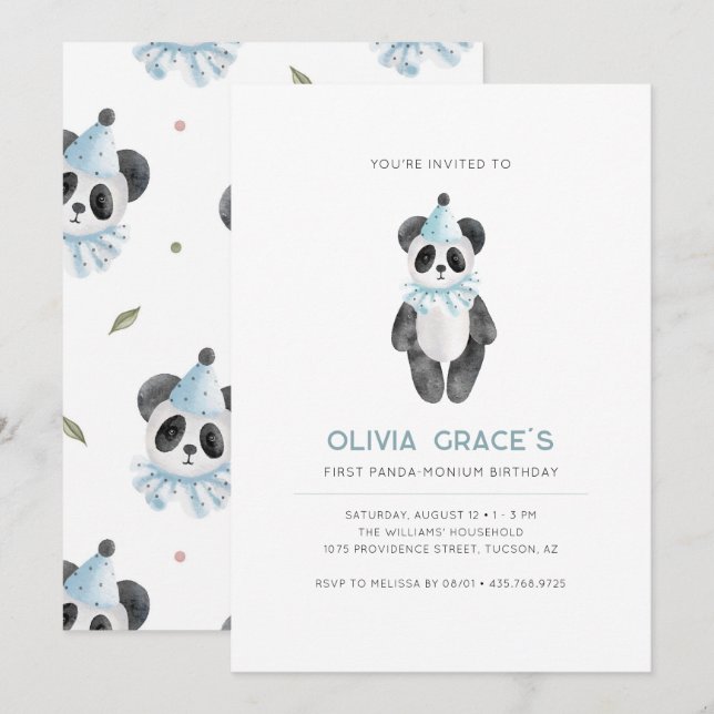 Panda Theme Första födelsedagsinbjudan Inbjudningar (Fram/baksida)