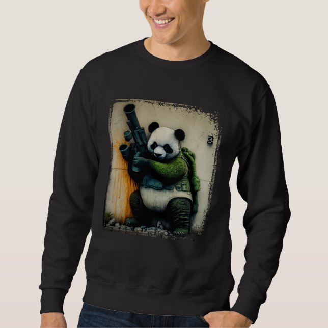 Panda Warrior Holding Rocket Launcher Distressed W Lång Ärmad Tröja (Framsida)