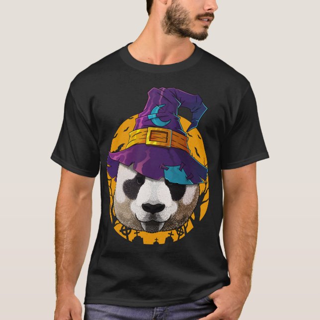 Panda Witch Funny Halloween Costume Creepy Måne T Shirt (Framsida)