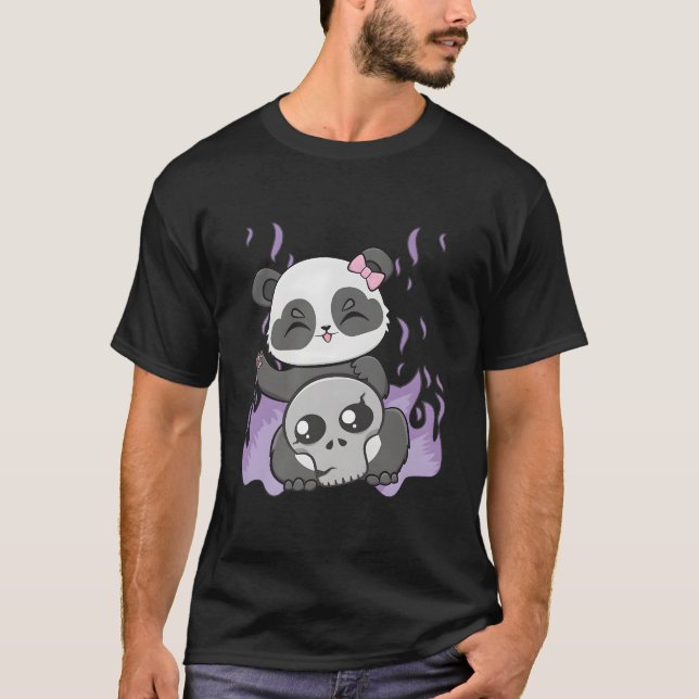 Panda With Hairbow Skull For Pastel Goth T Shirt (Framsida)