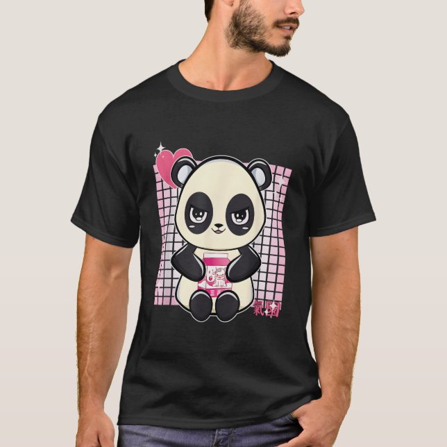 Panda With Strawberry Milk T Shirt (Framsida)