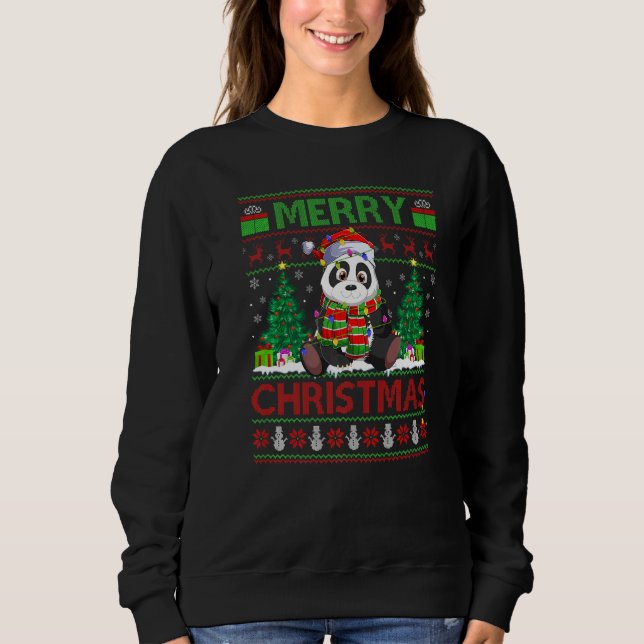 Panda  Xmas Tree Lights Ugly Santa Panda Christmas T Shirt (Framsida)