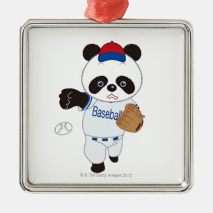 Pandabasebollspelare som kastar en baseball julgransprydnad metall