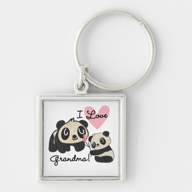 Pandabjörnar älskar jag mormor fyrkantig silverfärgad nyckelring (Framsidan)