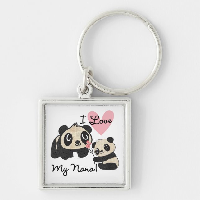 Pandas älskar jag min Nana Fyrkantig Silverfärgad Nyckelring (Framsidan)