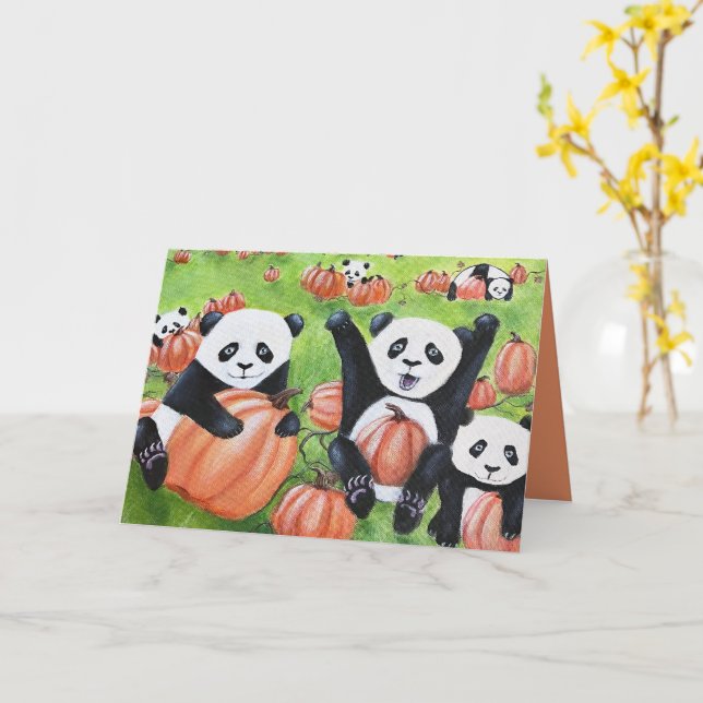 Pandas och Pumpkins Fall Greeting Card Kort (Gul blomma)