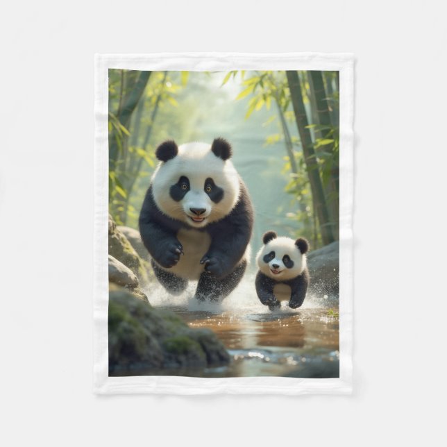 Pandas springer vid floden mysig flanellfilt fleecefilt (Framsidan)