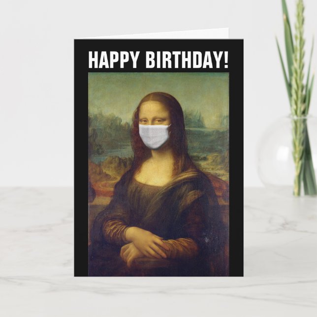 PANDEMISK FÖDELSEDAGKORT 2021 MONA LISA MED MASK KORT (Framsida)