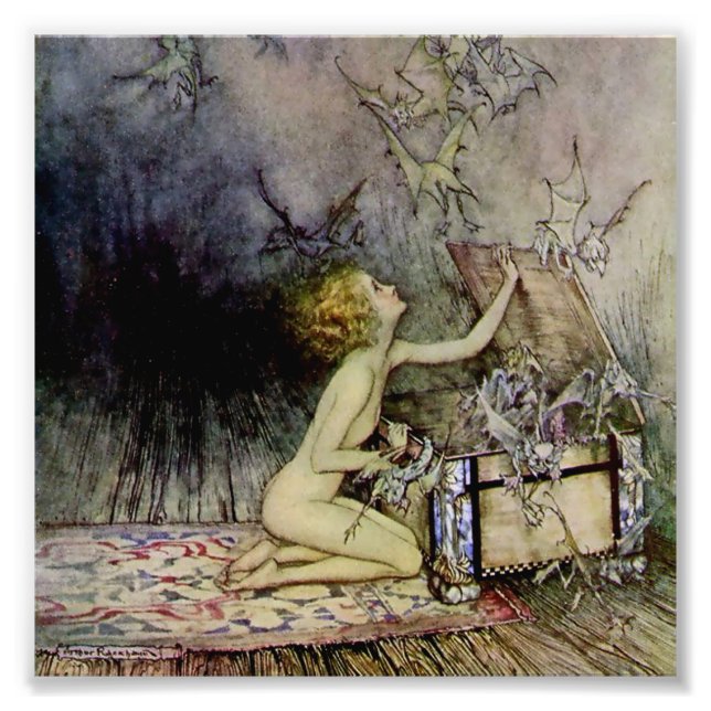 "Pandora Opens the Box" av Arthur Rackham Fototryck (Framsidan)