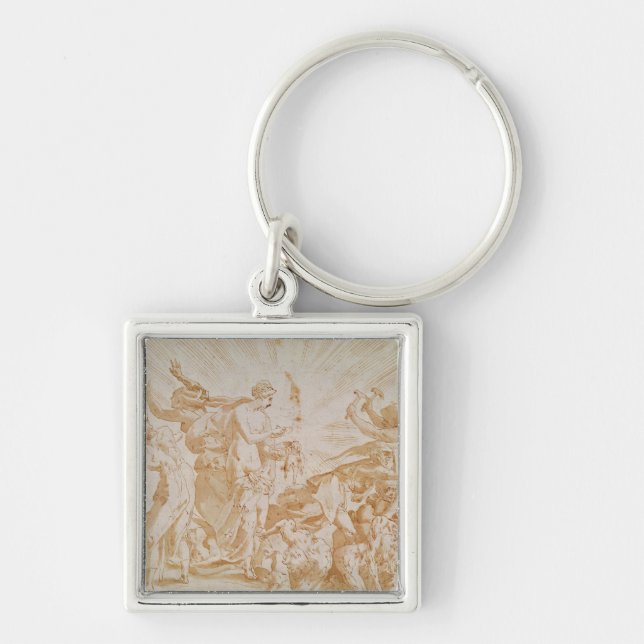 Pandora som öppnar boxas fyrkantig silverfärgad nyckelring (Framsidan)